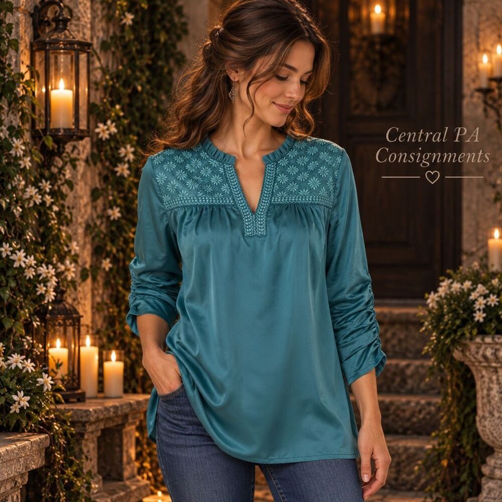Pyramid Collection Embroidered Yoke Charmeuse Ruched Sleeve Blouse Teal XL NEW